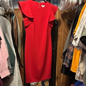 Striking Red Calvin Klein Midi Dress with Ruffled Sleeves